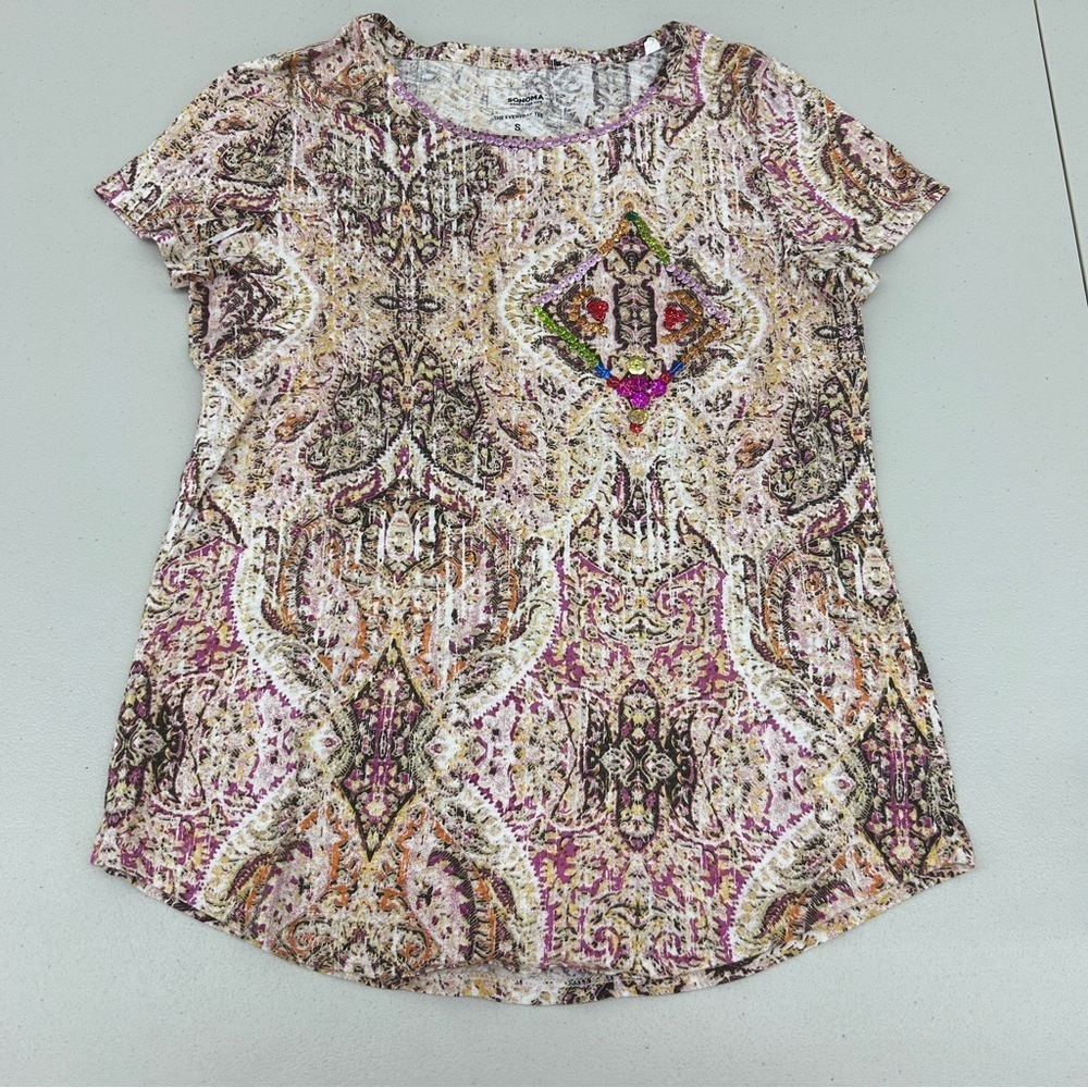 Sonoma Cream and White Short Sleeve Blouse